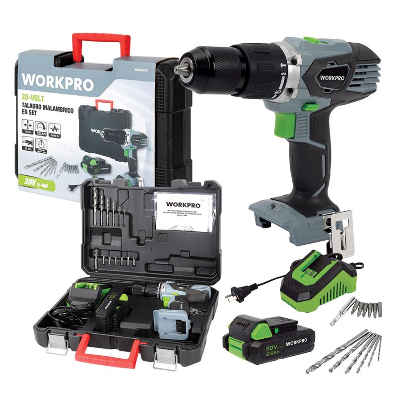 TALADRO INALAMBRICO CON PERCUTOR 2 VELOCIDADES 60N + 2 BATERIAS + CARGADOR + BOLSO  20-VOLT Workpro